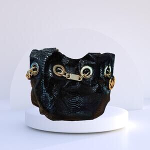 Michael Kors Snakeskin Patent Leather Shoulder Bag Black Gold Chain Glam595